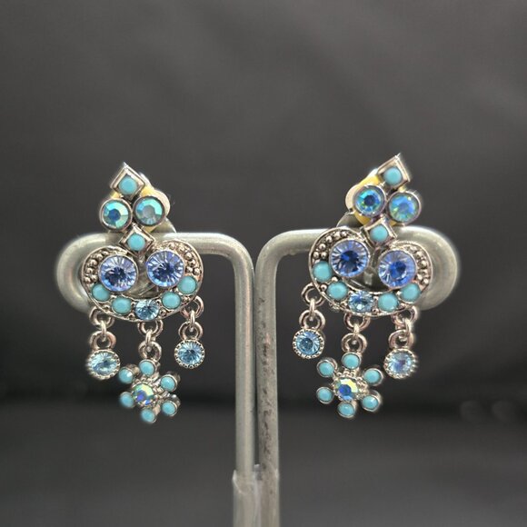 Vintage Kirk Folly Women's Silver Tone Blue Crystal Turquoise Clip Earrings - Picture 4 of 5